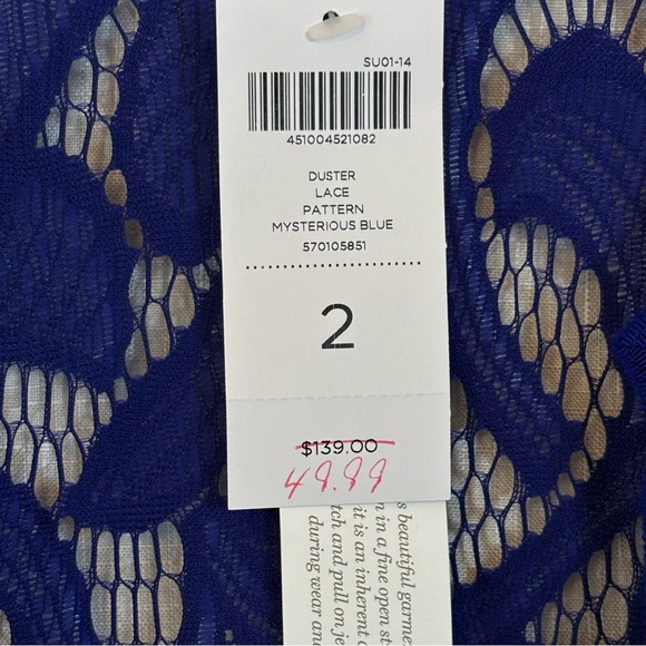 Chico's Deep Royal Blue Lace Pattered Duster Cardigan Sheer Open Front SZ-2 NWT - Picture 6 of 8